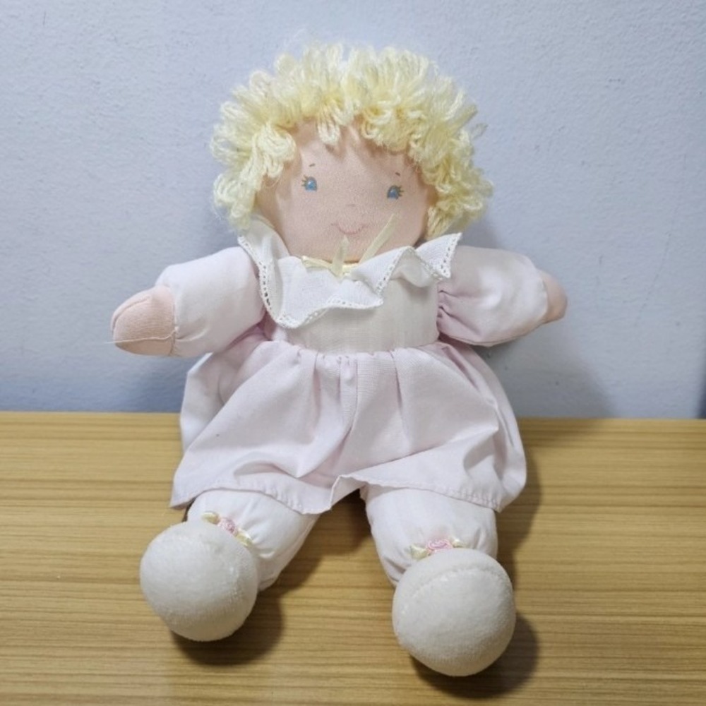 Vintage EDEN Baby Blonde Yarn Hair DOLL Pink Polka Dot Striped Dress Plush Toy